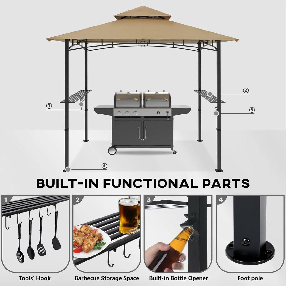 COOSHADE 8'x 5' Grill Gazebo Double Tiered Outdoor BBQ Gazebo Canopy with LED Light (Khaki), photo 2 of 6