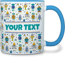 Personalized Mug for Kids - Robots - Custom Name/Text, Ceramic Hot Chocolate/Cocoa/Coffee Cup for Boys, Birthday/Christmas/Holiday Gift - 11 oz, Light Blue Handle by TinyTreasures Baby Boutique