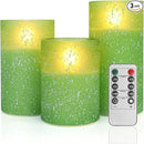 Green Flameless Candles with Remote, Glass LED Pillar Battery Operated Candles with Timer, Flickering Decorative Lights for Home Weddings Holidays Gift Set of 3 by CozyNest Decor