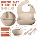 10 Pack Silicone Baby Feeding Set, Toddlers Led Weaning Feeding Supplies with Suction Baby Bowl Divided Plate Adjustable Bib Soft Silicone Spoon Fork, Infant Self Eating Utensil Set (Beige, Orange) by TinyTreasures Baby Boutique