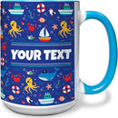 Personalized Mug for Kids - Nautical - Custom Name/Text, Ceramic Hot Chocolate/Cocoa/Coffee Cup for Boys/Girls, Birthday/Christmas/Holiday Gift - 15 oz, Light Blue Handle by TinyTreasures Baby Boutique