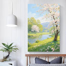 The scenery of a stream between trees and cherry blossoms under the blue sky is suitable for posting in the living room bedroom office landscape posters by CozyNest Decor