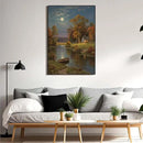 Small house by the stream under the moonlight tranquil style suitable for living room bedroom and office landscape poster wall art by CozyNest Decor
