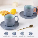 Large Cappuccino Cups with Saucers Set of 4, 8 Ounce Stackable Embossed Ceramic Coffee Mugs for Specialty Coffee Drinks, Latte, Cafe Mocha and Tea, Dishwasher & Microwave Safe (Blue) by CozyNest Decor