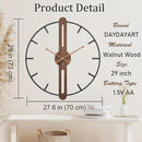 Modern Walnut Dial Wall Clock, Wood Large Wall Clock Decor Metal Frame Silent Non Ticking for Living Room, Bedroom, Kitchen, Study Decoration, Handmade Home Gift Idea, 28 in (70 cm) by CozyNest Decor