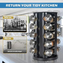 Black Countertop Revolving Spice Rack, Empty 20-Jars Rotating Spice Rack Organizer, Round Carousel Tower, 135 Spice Labels with Funnel Complete Set, for Kitchen Countertop, Cabinet by CozyNest Decor