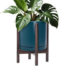 D'vine Dev Ceramic Planter with Walnut Color Stand - 12 Inch Modern Round Flower Pot with Wood Planter Holder, Teal, 55-B-W-4 by CozyNest Decor