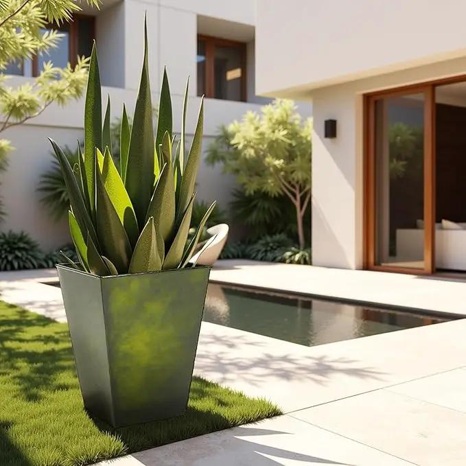 Worth Garden Large Metal Glazed Floor Planter Set of 2-14" Dia x 18" H - Luxurious Glossy Finish Green Tall Square Tapered Steel Plant Pots, Decor Flower Pot Indoor & Outdoor, Drainage Hole, photo 4 of 6