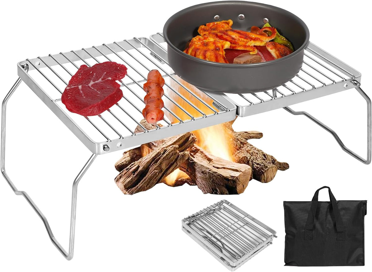 REDCAMP Folding Campfire Grill 304 Stainless Steel Grate, Adjustable Height Portable Camping Grill with Carrying Bag for Outdoor Cooking BBQ
