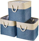 i BKGOO 3Pack Large Foldable Storage Bins，Collapsible Sturdy Cationic Fabric Organizing Storage Basket Cube with Cotton Handles for Home Office Shelf Clothes Toys Khaki-Blue 13×13×13 inch by CozyNest Decor