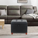 Adeco Faux Leather Storage Ottoman with Hinged Lid, 14 Inch High Black Square Cube Foot Stool with Storage, Upholstered Vanity Stool with Solid Wood Legs for Living Room, Bedroom, Dorm by CozyNest Decor