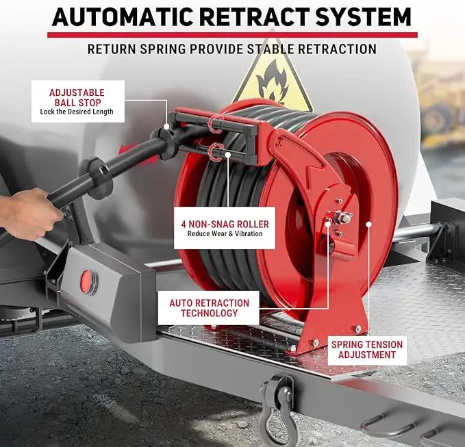 Fuel Hose Reel, 1" x 33' Retractable Diesel Fuel Heavy-duty Steel Construction with Refueling Nozzle, 300 PSI Diesel Reel Used for Aircraft Ship Vehicle Tanker Truck, photo 2 of 7