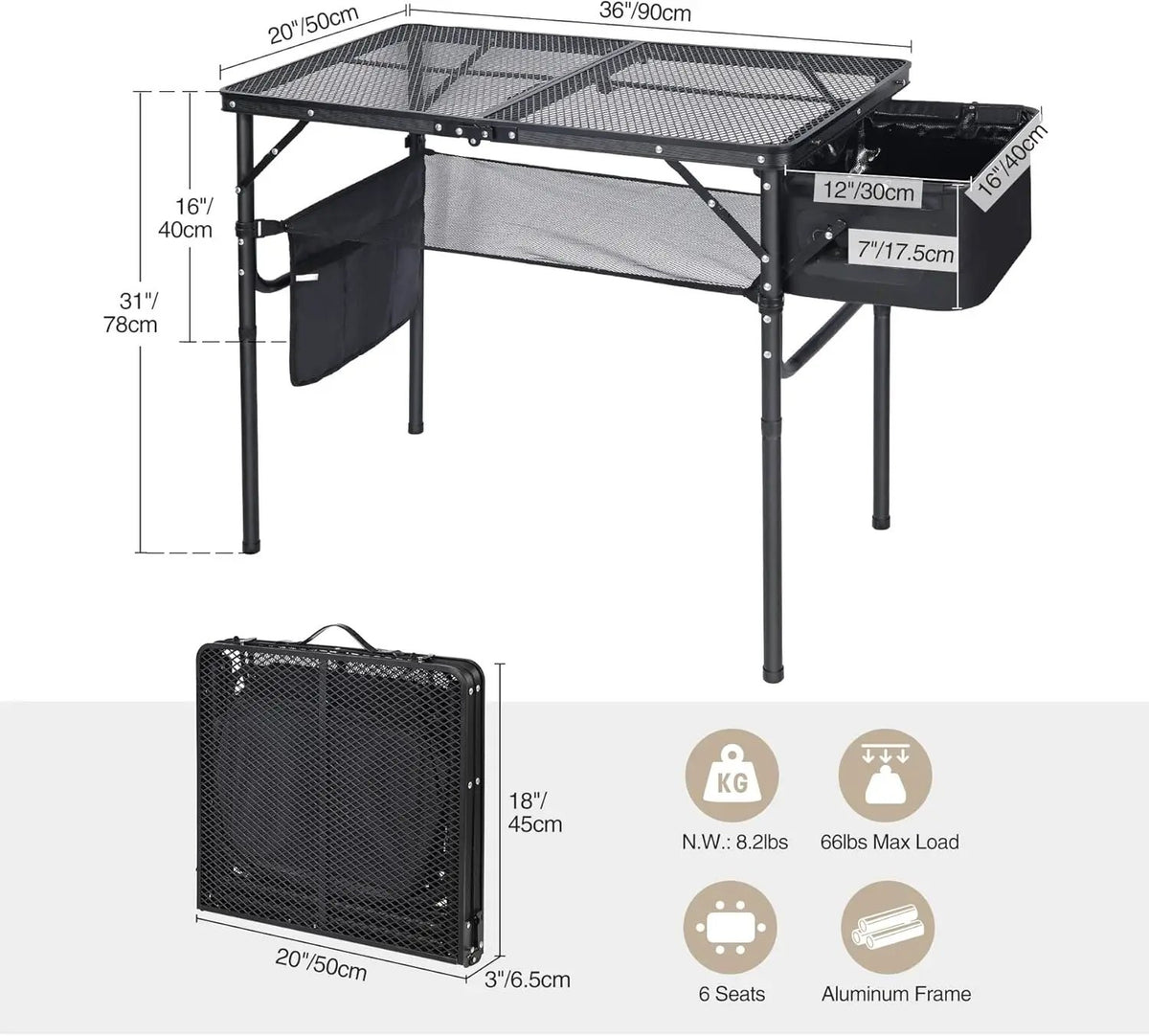 REDCAMP Folding Portable Grill Table with Sink for Outside, Lightweight Aluminum Metal Grill Stand Picnic Table for Camping Cooking BBQ RV Picnic, 2 Heights Adjustable,Black 36"x20", photo 3 of 6