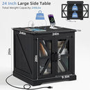 24" End Table with Charging Station, Farmhouse Night Stand with Glass Barn Door, Black Nightstands with Adjustable Storage Shelf, Large Wood Square Bed Side Table for Living Room,Bedroom by CozyNest Decor