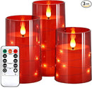 NURADA Flickering Flameless Candles: Built-in Star String Lights Battery Operated LED Pillar Candles with Remote and Timer Romantic Decorations for Wedding Party Christmas Halloween - Red 3 Pack by CozyNest Decor