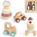 FReniland Wooden Montessori Toys, 4-Piece Wooden Baby Toy, Rainbow Stacking Ring,Car Push and Pull Toy, Rocket Stacking Ring Babys Toys,Newborn Baby Gift Sets for Boys and Girls by TinyTreasures Baby Boutique