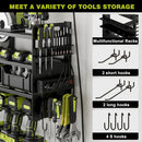 12 Cordless Drill Holder Large Power Tool Organizer Wall Mount with Side Pegboard & Screwdriver Holder, 4-Tier Heavy Duty Metal Tool Storage Rack with 4-Outlet Power Strip by GreenHaven Gardens