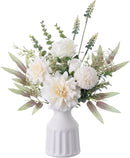 Fake Flowers in Vase, Artificial Flowers with Vase, 15.7'' Floral Arrangements for Dining Table Centerpiece Decor, Silk Roses & Faux Dahlia Bouquet for Farmfouse Kitchen Coffee Table Decor (White) by CozyNest Decor