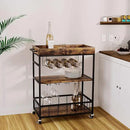 Bar Cart Serving Wine 3 Tier Home Rolling Rack with Wheels Mobile Kitchen Industrial Vintage Style Wood Metal Serving Trolley Serving Cart,Glass Holder Bar Cabinet by CozyNest Decor