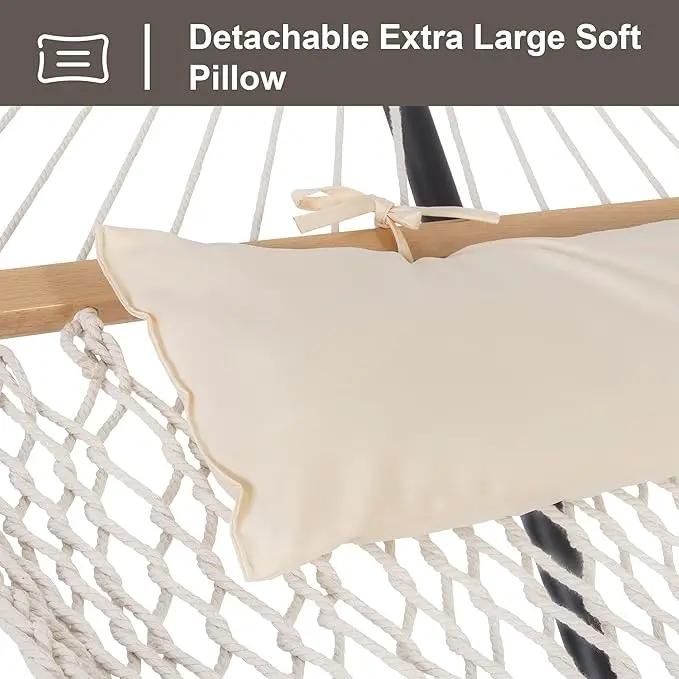 SUNCREAT Double Outdoor Hammock with Stand Included, Portable Cotton Rope 2 Person Hammock for Outdoor, Patio, Garden, Backyard, Beige, photo 3 of 7