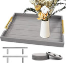 Coffee Table Tray - Large Ottoman Trays for Living Rooms - Wood Serving Tray with Handles(2 Sets) - Wooden Tray for Coffee Table, 4 Round Coasters Included, Gray by CozyNest Decor