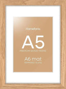 Homeforia A5 Wood Picture Frame, High-End Natural Oak 5.8x8.3 Frame Matted to 4.1x5.8 inch Photo, A5 Size Wooden Frames with Mat A6 for Art, 5.8 x 8.3 Poster Frames, Tempered Glass, Wall Kit, Set of 1 by CozyNest Decor