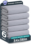 Washable Bed Pads 34" x 36" - 6 Pack, Grey, Waterproof Bed Pads for Incontinence, Bed Wetting Pads for Bed, Sofa, Floor, Resuable Underpads for Adults, Seniors, Pet by TinyTreasures Baby Boutique