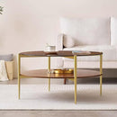 Extra Large Round Coffee Table, Mid-Century Modern Design, D34 x H17 in, for Living Room, 2-Tier Structure, Amber Glass Top and Walnut MDF Shelf, Sleek Conical Metal Legs with Gold Finish by CozyNest Decor