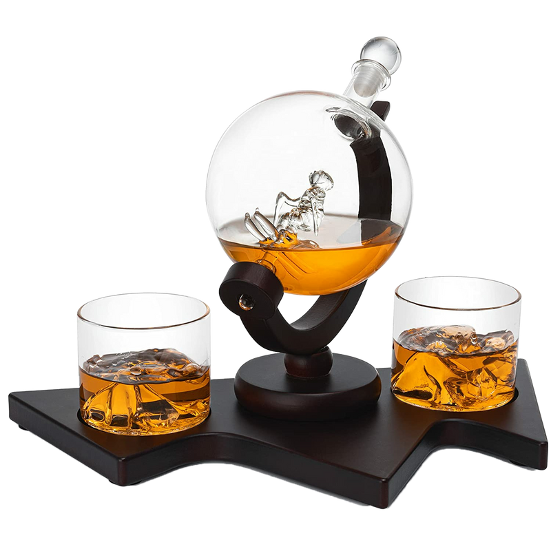 Ski Wine and Whiskey Decanter 850ml With 2 Glacier Mountain Glasses by The Wine Savant - 14" Long For Whiskey, Scotch, Wine - 850ml - Skier Gifts, Ski Gifts, Gifts for Ski Enthusiasts, Ski Lover Gifts
