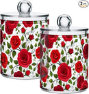 2 Pack Qtip Holder Dispenser Red Rose Flowers Bathroom Storage Canister Lid Acrylic Plastic Apothecary Jar Set Vanity Makeup Organizer for Cotton Swab/Ball/Round Pads, Floss by CozyNest Decor