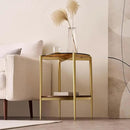 Round Glass End Table, Mid-Century Modern Design Sofa Table for Living Room, D18 x H23, 2-Tier Structure, Amber Glass Top and Walnut Shelf, Sleek Conical Legs with Gold Finish Frame by CozyNest Decor