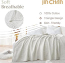jinchan Boho 100% Cotton Blanket Muslin 50x60 Inches Lightweight 3-Layer Geometric Triangle Striped Pattern Reversible Quilt Throw Soft Breathable Comfy All Seasons for Couch Bed Decor, Light Grey
