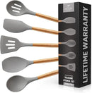 Zulay Kitchen Utensils Set Non-Stick Silicone Cooking Utensils Set with Authentic Acacia Wood Handles - 5 Piece Silicone Utensil Set - Kitchen Utensils Set with 464°F Heat Resistance - Gray by CozyNest Decor