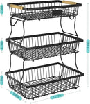 3 Tier Fruit Basket for Kitchen Counter with 2 Banana Hangers, Countertop Metal Fruit Bowl with Wooden Handle, Large Storage Stand for Vegetables, Snacks, Breads, Produce Storage – Black by CozyNest Decor