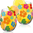 Sliner 2 Pack 17oz Summer Hawaiian Stemless Wine Glasses Aloha Stemless Wine Glass Luau Colorful Flowers Leaves Tumbler Cups for Hawaiian Tiki Party Supplies Birthday Gift by CozyNest Decor