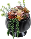MyGift 10 Inch Modern Artificial Succulent Arrangement Potted in Matte Black Ribbed Ceramic Round Planter, Decorative Plant Pot with Assorted Faux Mini Succulents by CozyNest Decor