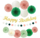 Sage-Green Pink Birthday Party-Decorations Paper-Flowers - 14pcs Happy Banner Spring Lanterns Tissue Pom Poms,Boho Streamers Garland Fans,Neutral Rustic Garden Office Hanging Supplies Decor Hugfond by CozyNest Decor