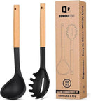 Silicone Pasta Fork and Ladle Spoon Set with Wooden Handle, Heat Resistant Non Stick Kitchen Utensils for Cooking, Stirring, Serving Spaghetti, Soup, Sauce(BLACK) by CozyNest Decor