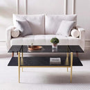 Rectangle Coffee Table for Living Room, Mid-Century Modern Design, L41 x W21 x H17, 2-Tier Structure, Clear Glass Top and Black Marble Wood Shelf, Conical Metal Legs with Gold Finish by CozyNest Decor