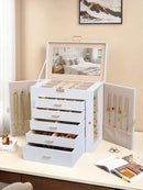 BOOVO Jewelry Box For women, 6 Layer Large Jewelry Organizer With Mirror, Multi-Function Storage Box With Lock, Necklace Holder With 5 Drawers, For Earrings Necklace Bracelet (White and Gold) by TinyTreasures Baby Boutique