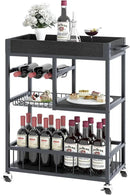 Bar Cart with Basket 3 Tiers Home Rolling Wine Rack with Wheels Mobile Kitchen Industrial Vintage Style Wood Metal Serving Trolley Serving Cart,Black Frame Home Kitchen Shelf for Party by CozyNest Decor