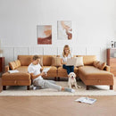 128'' Sleeper Couch, Large Sofa Bed with Storage, Faux Leather 8 Seater Sofa, Mid Century Modern Couch Sofa for Living Room, Guest Room, House, Apartment, Office, Loft, Tan by CozyNest Decor