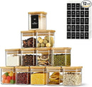 5oz Airtight Square Spice Containers with Bamboo Lid Set of 12 with Black Lables Storage Stackable Spice Jar, Kitchen Canister for Sugar, Tea, Flour, Salt and Seasonings (‎Clear Glass) by CozyNest Decor