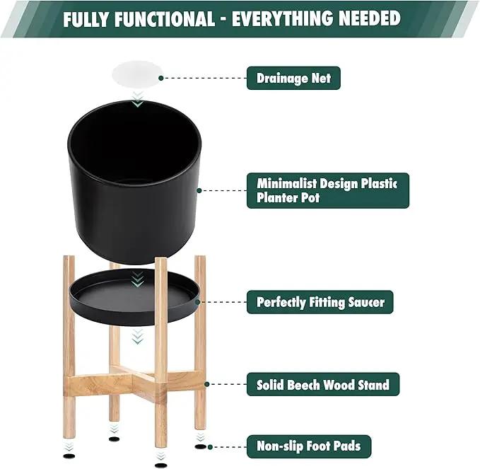 D'vine Dev Planter Pot with Stand - 14 Inch Plastic Cylinder Flower Pot with Wood Planter Holder for Indoor, Matte Black Pot + Natural Stand, 55-C-S-2, photo 5 of 6