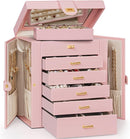 AKOZLIN 6-Tier Jewelry Box Organizer Functional 5 Drawers Leather Jewelry Storage Case for Women Girls Ring Necklace Earring Bracelet Holder Organizer with Mirror Pink by TinyTreasures Baby Boutique