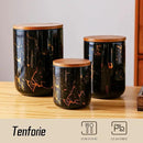 Ceramic Canister Set with Bamboo Airtight Lids, 3-Piece Kitchen Storage Jars (48oz, 30oz, 12oz) – Black with Gold Marble Pattern, Glossy Finish, for Coffee, Sugar, Flour & More by CozyNest Decor
