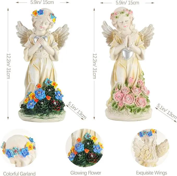 Angel Garden Statue 2Pcs,Love Heart Solar Garden Decor with Warm Light,Waterproof Praying Angel Statue with Flowers,Outdoor Garden Decor Sculpture for Lawn Yard Patio Garden Gifts,Apricot, photo 5 of 8