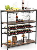 GOFLAME Industrial Wine Rack Table, Wine Bar Cabinet with 2-Tier Wine Rack, 4 Row Glass Holder and Storage Shelves, Freestanding Floor Liquor Storage Stand for Kitchen, Dining Room, Rustic Brown by CozyNest Decor