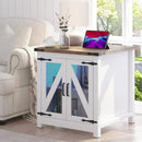 Farmhouse End Table, 24" Large Sofa Side Table with Charging Station, Mesh Barn Door, and Adjustable Storage Shelf, Rustic Wood Square Nightstand for Living Room, Bedroom, Office, White &Brown by CozyNest Decor