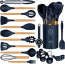 Silicone Cooking Utensils Set - Silicone Kitchen Utensils for Cooking Wooden Handles, 446°F Heat Resistant Kitchen Utensil Spatula Sets w Holder, Gadgets for Non-Stick Cookware BPA FREE (Navy Blue) by CozyNest Decor